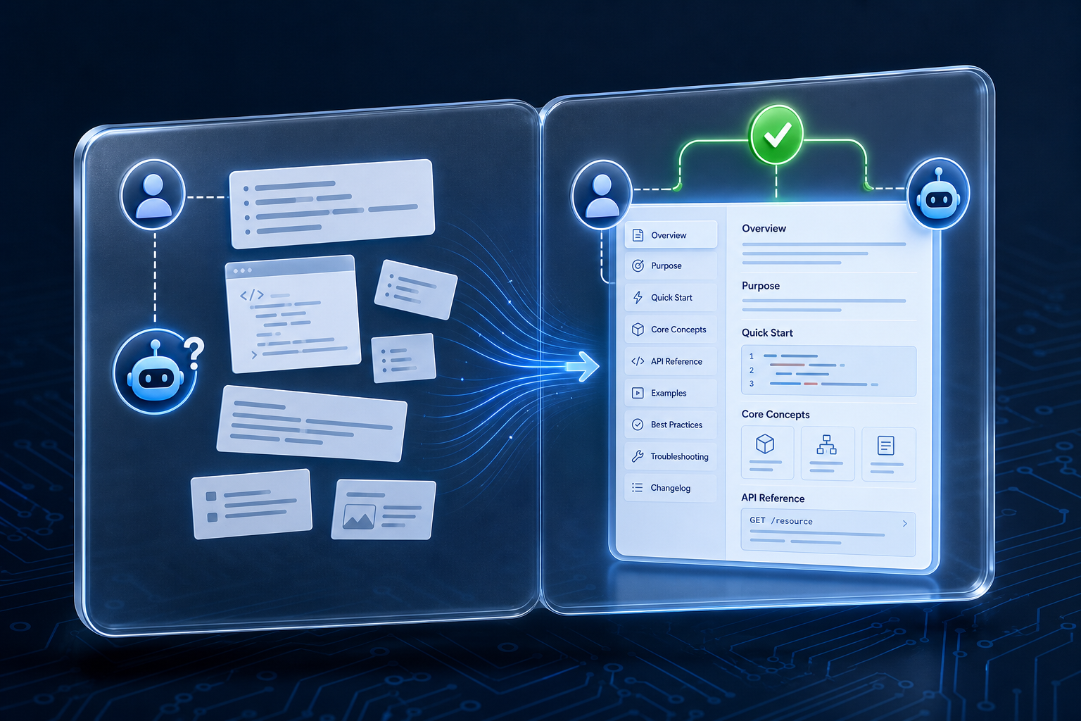 Side-by-side comparison of messy, unstructured documentation on the left transforming into clean, hierarchical documentation on the right, with team and AI badges marked successful on the structured side.