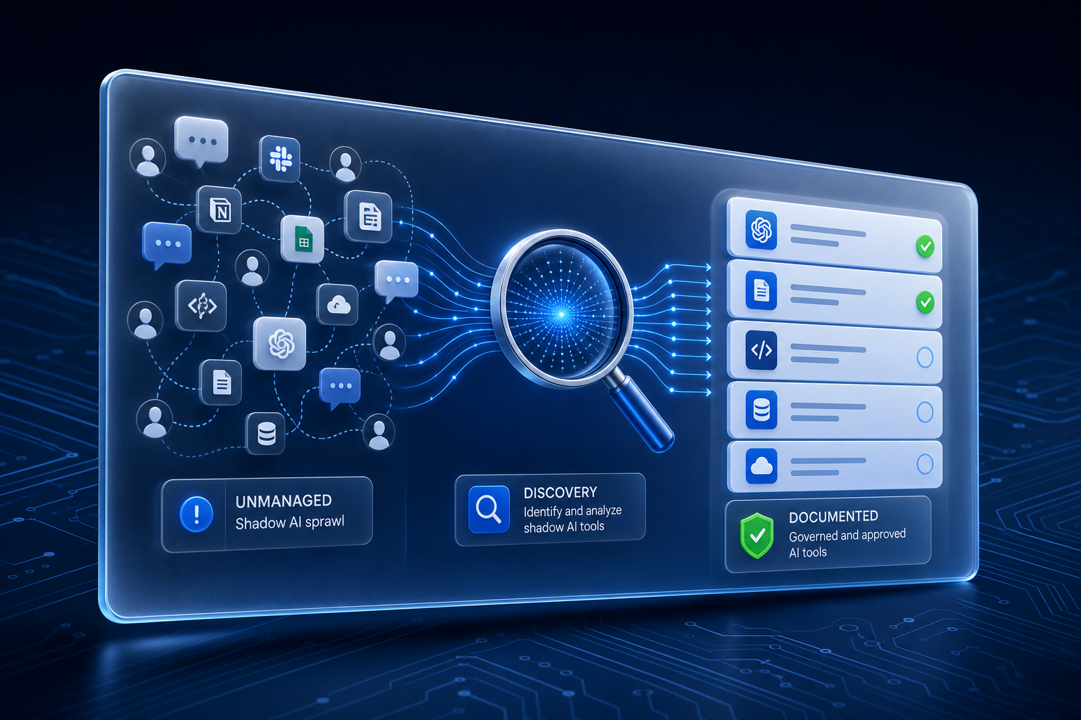 Floating panel showing shadow AI tools being discovered and documented: scattered icons on left transitioning to organized list with checkmarks on right.